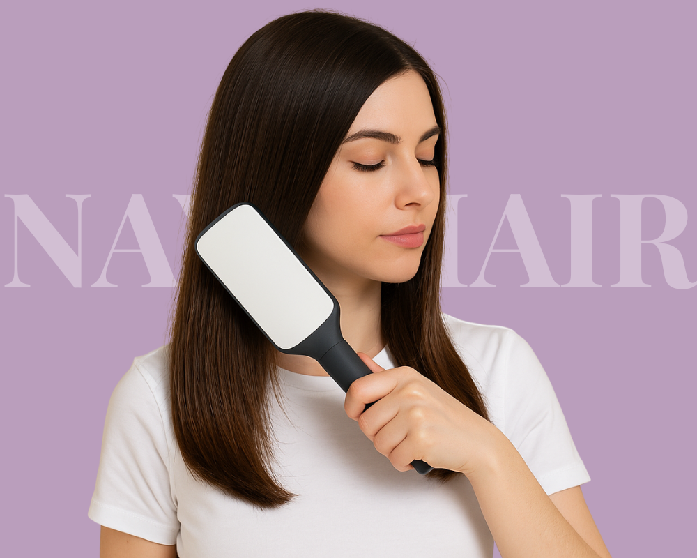 femme utilisant brosse autonettoyante Naya Hair démêlage cheveux sans douleur